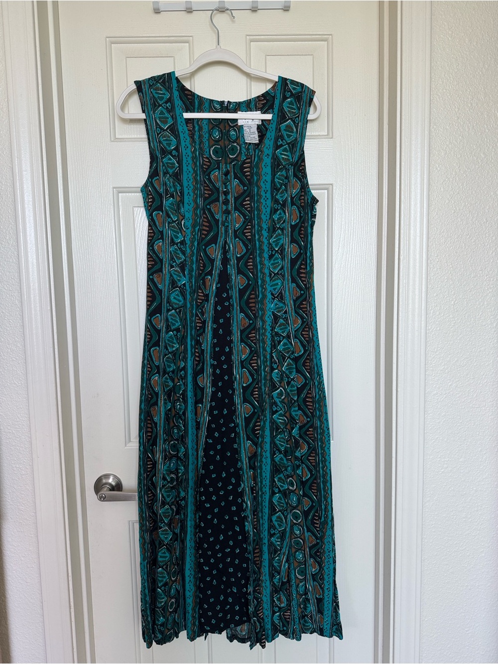 Vintage ALIX NYC Teal and Black Sleeveless Midi Dress with Geometric Print